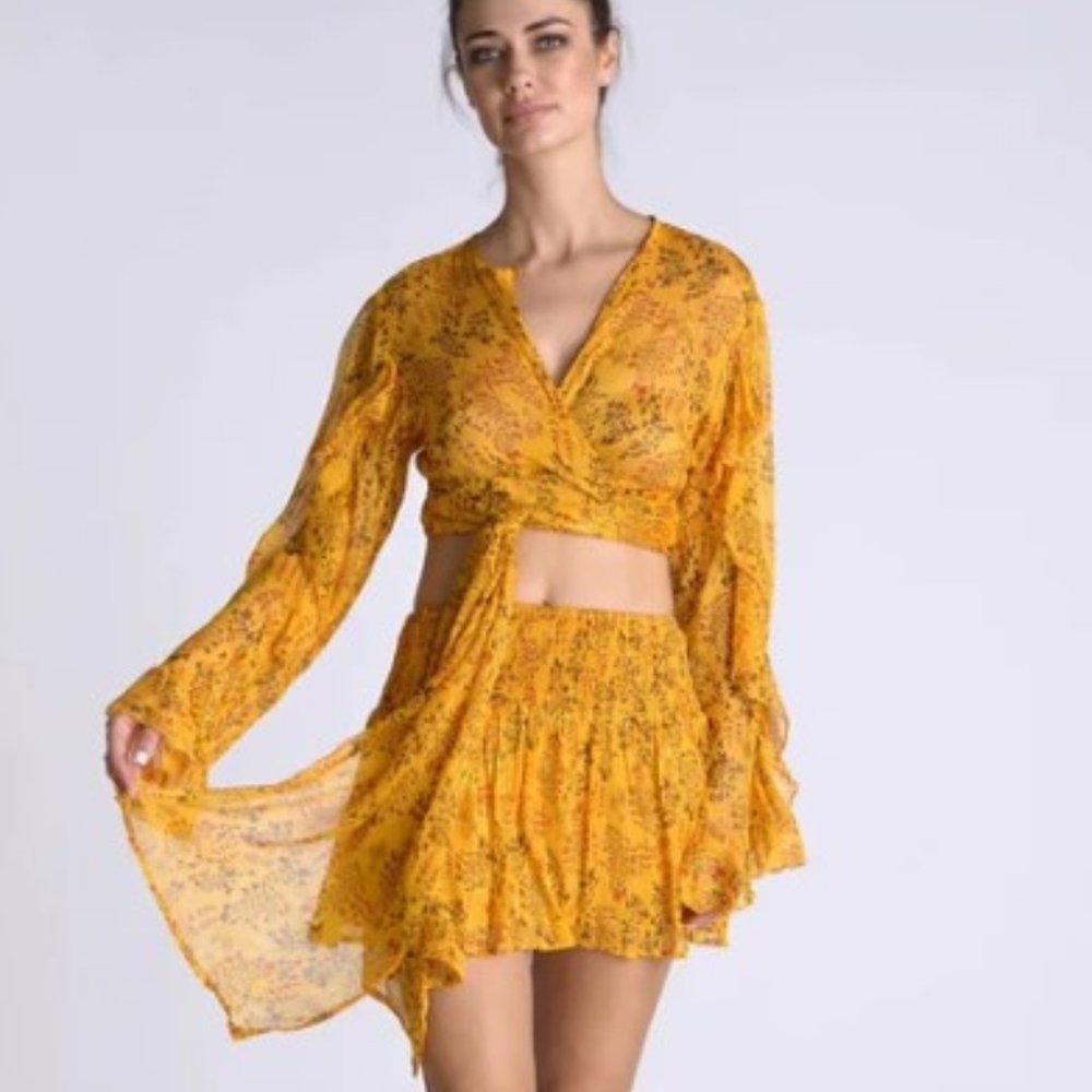 Muche et Muchette Ibiza Lurex Chiffon Flower Print Mini Skirt - Yellow